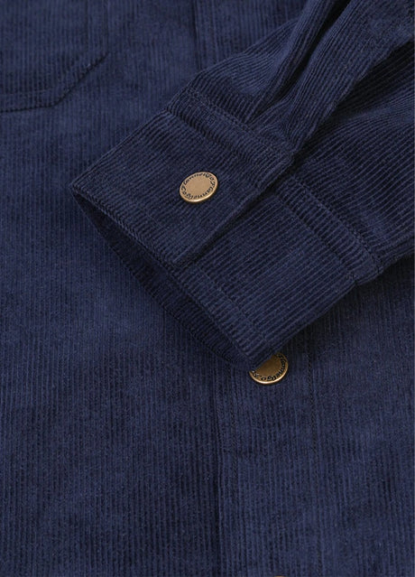 Detailed view of navy men's corduroy shirt jacket with cuffs