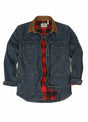 Front view of indigo men's denim shacket with flannel lining