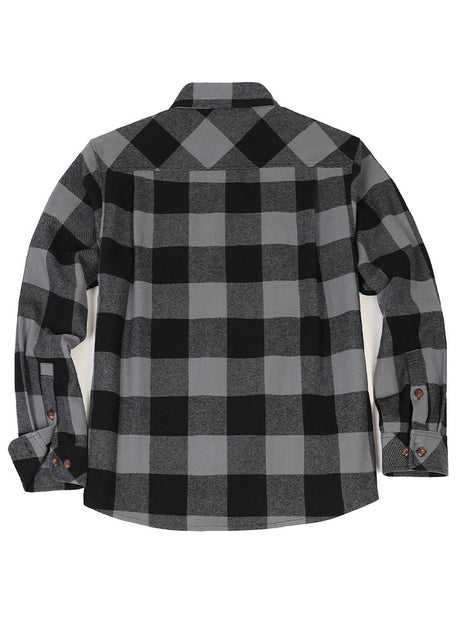 Back view of gray men's rugged stiff flannel plaid shirt