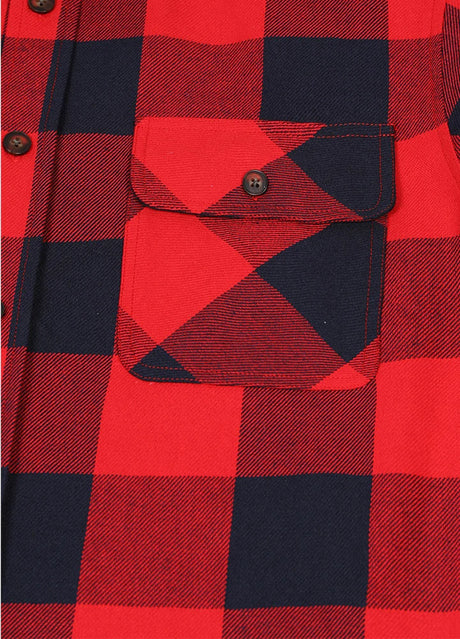 Close-up of the pocket of ruby navy men's outdoor cotton flannel shirt