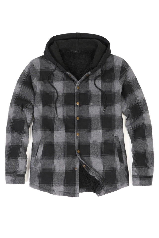  Front view of the zipper closed buffalo grey men's hooded snap front flannel plaid jacket