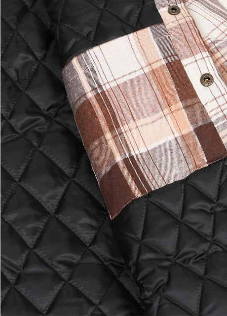 Close-up of inner pocket of maple men's flannel hooded shirt jacket with quilted lining