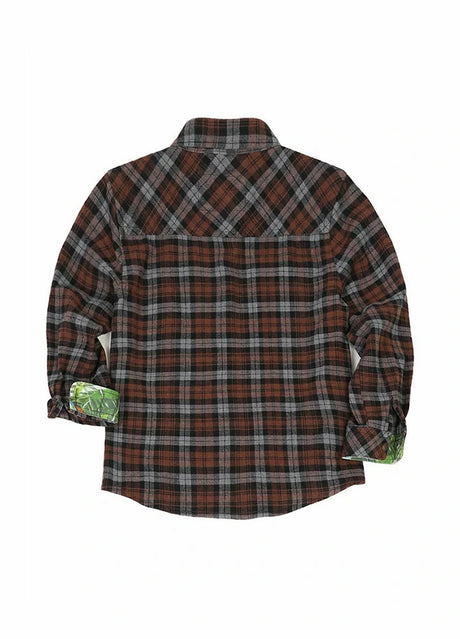 Back view of ebony truffle kids wildlife adventure flannel plaid shirt