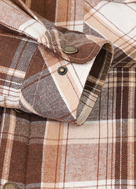 Detailed view of the cuff of maple men's snap front hooded flannel jacket with quilted lining 