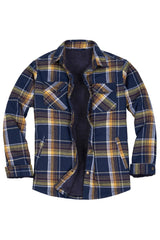 Front view of electric navy men's soft snap button flannel checked jacket 