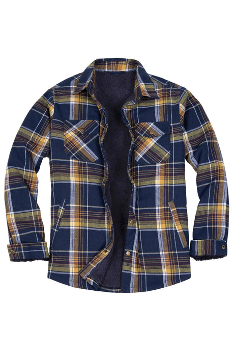 Front view of electric navy men's soft snap button flannel checked jacket 