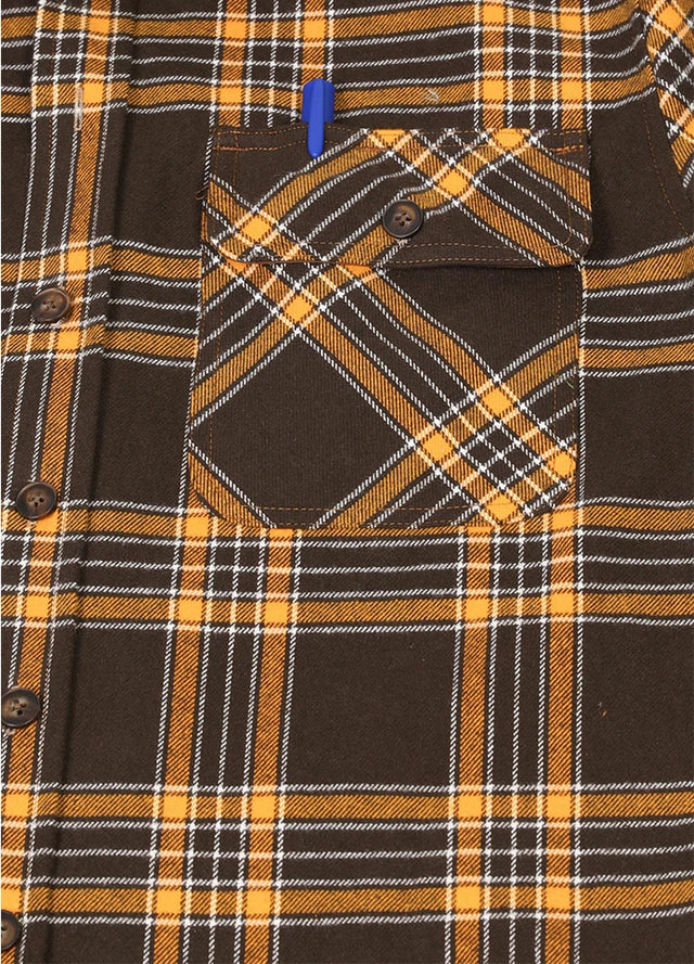 Close-up of the pocket of autumn gold men's rugged ridge burlyweight flannel shirt 