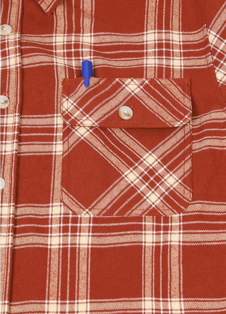 Detailed view of pocket of rust red men's rugged ridge burlyweight flannel shirt 