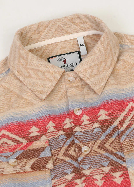 Detail of khaki men's aztec shirt jacket with cozy collar