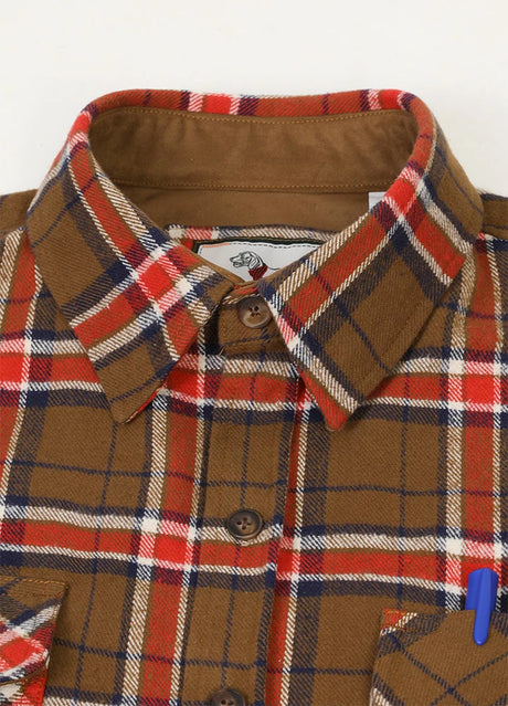 Close-up of the lapel of copper fire men's rugged ridge suede flannel shirt 