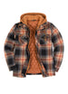 Front view of brown men's quilted lined brushed flannel hooded 