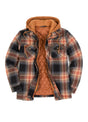 Front view of brown men's quilted lined brushed flannel hooded 