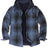  Front view of deep blue hooded flannel shirt jacket for men