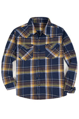 Front view of electric navy men's snap front long sleeve plaid flannel shirt