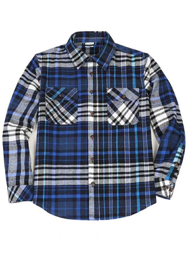 Front view of button closed royal blue men's cozy stalwart heavyweight flannel shirt