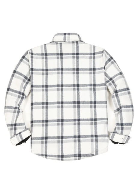 Back view of ice men's cozy plaid sherpa lined shirt jacket