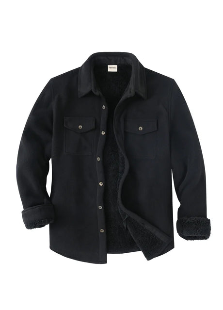 Front view of solid black men's plaid sherpa lined shirt jacket