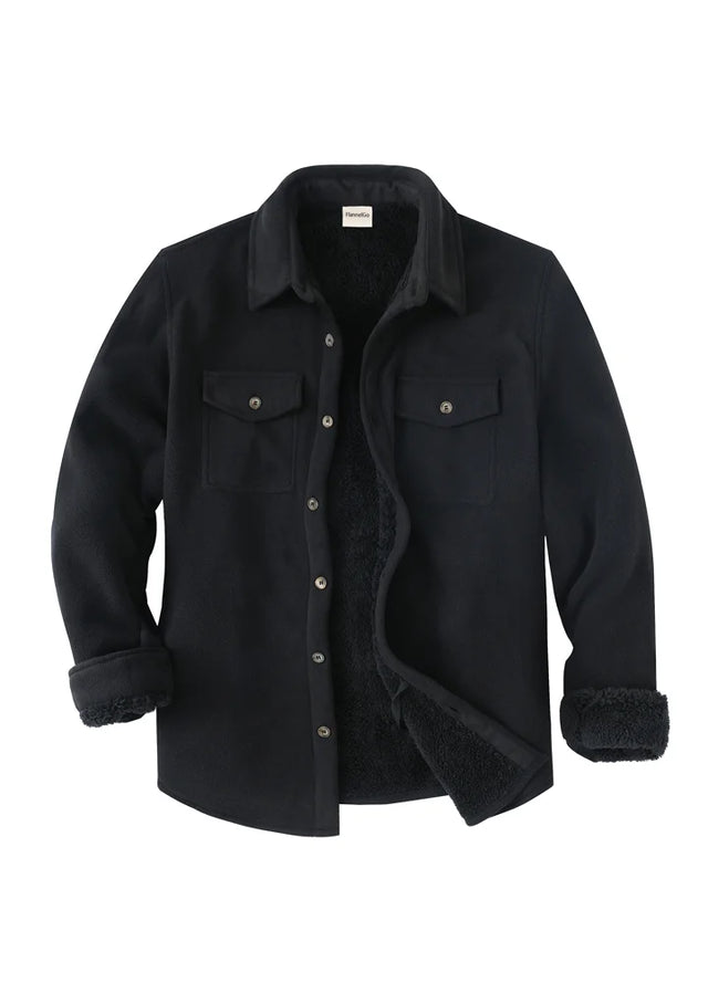 Front view of solid black men's plaid sherpa lined shirt jacket