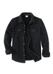 Front view of solid black men's plaid sherpa lined shirt jacket