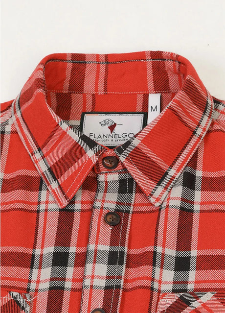 Close-up of the lapel of watermelon red men's free swingin' flannel cotton shirt