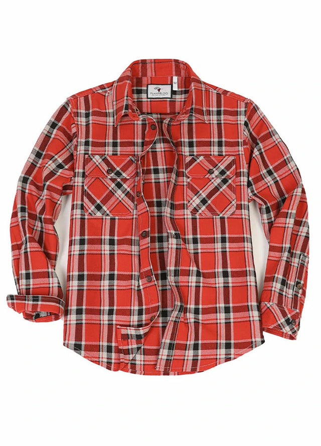 Front view of watermelon red men's free swingin' flannel shirt