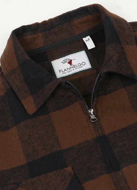 Close-up of the lapel of mocha men's cotton zip up plaid jacket