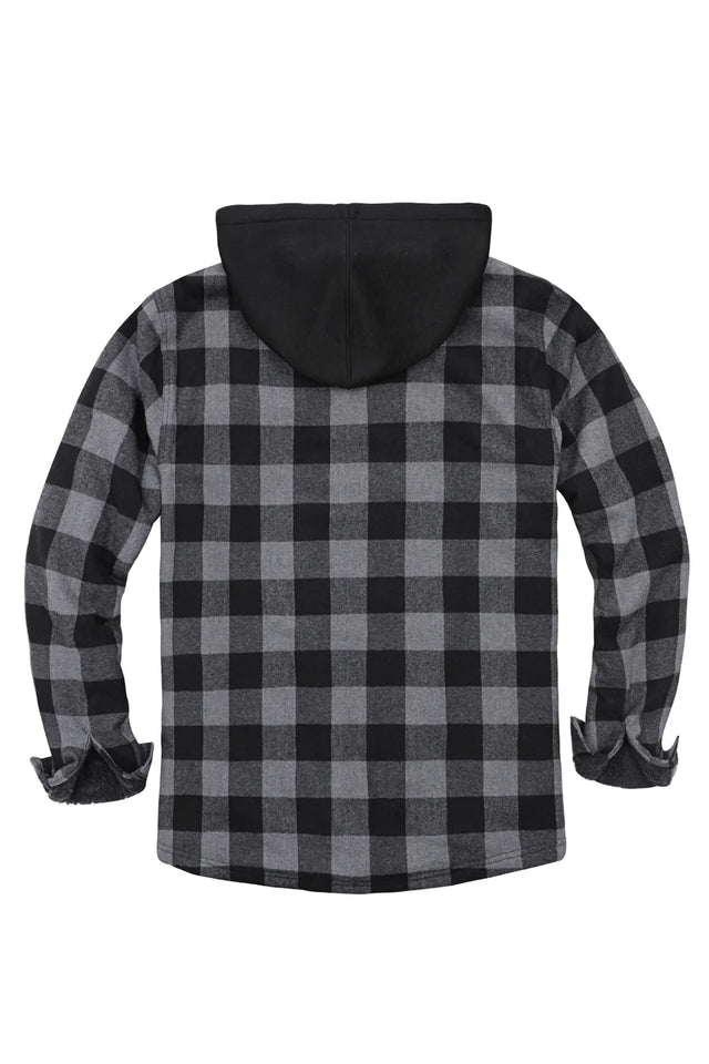 Back view of grey men's hooded flannel shirt jacket with seam pockets