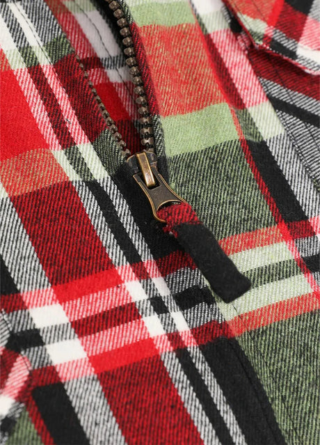 Close-up of the zipper of rust red men's fleece lined zipper plaid flannel jacket