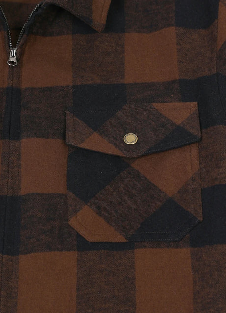 Close-up of the pocket of men's warm mocha zip up plaid jacket