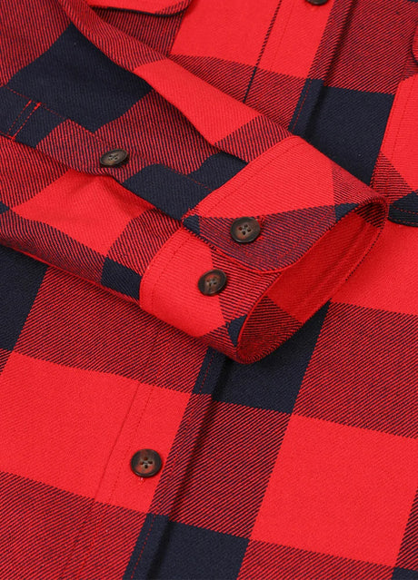 Close-up of the cuff of ruby navy men's gray rugged stiff outdoor flannel plaid shirt