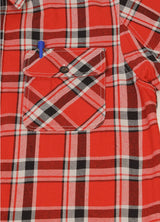 Close-up of the pocket of watermelon red men's cotton flannel shirt