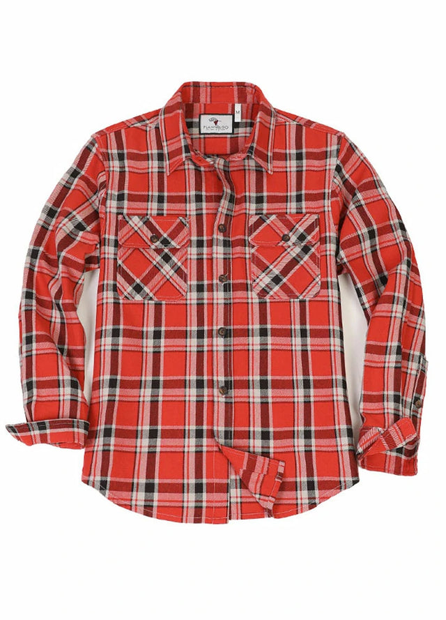 Front view of snap buttons of watermelon red men's workwear flannel shirt