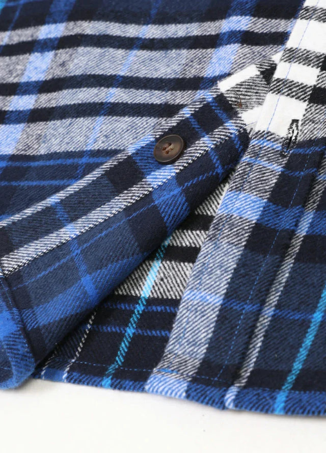 Close-up of the hem of royal blue men's heavyweight flannel shirt