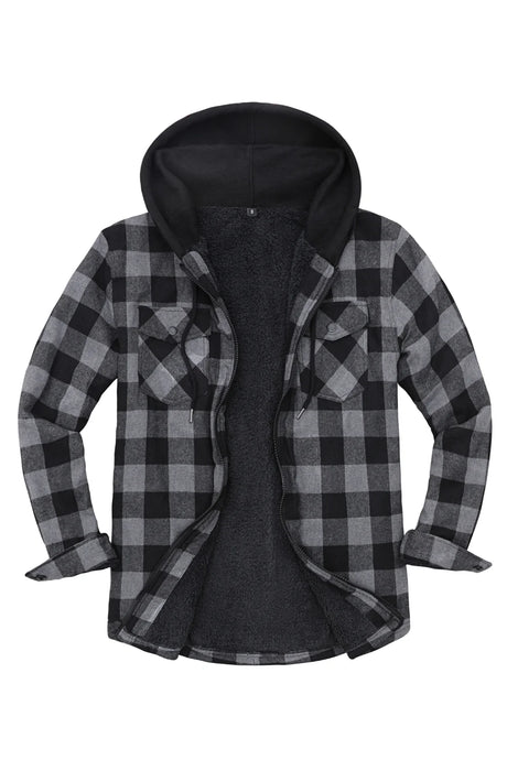 Front view of grey men's zipper flannel shirt jacket with hood 