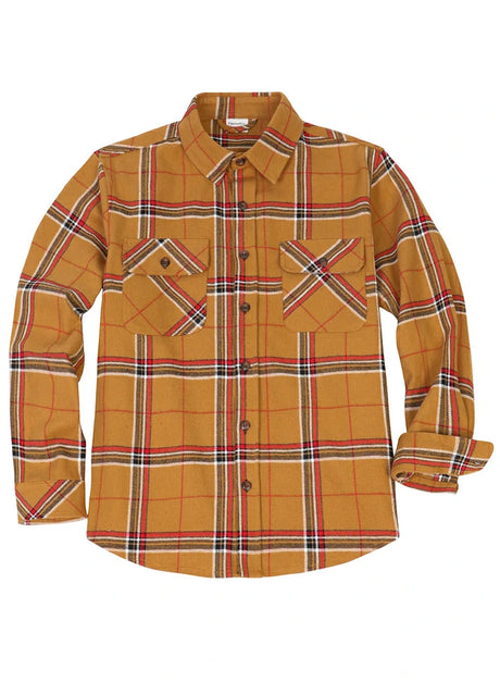 Front view of button closed sunset plaid men's cozy stalwart heavyweight flannel shirt