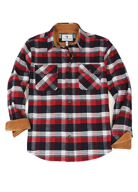 Front view of indigo red men's warm timberline midweight flannel shirt 