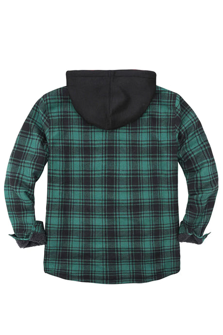 Back view of a men's green cozy flannel plaid jacket with hood