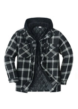 Front view of black men's thicken plaid hooded flannel shirt jacket