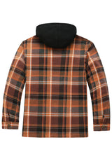 Back view of brown men's quilted lined plaid flannel shacket