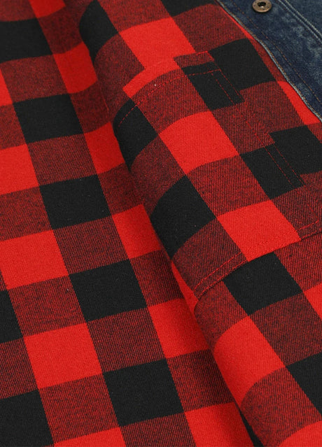 Close-up of the innerpocket of indigo men's denim outdoor shirt jacket with flannel lining