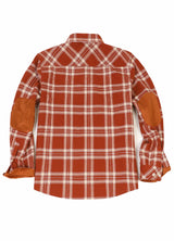 Back view of rust red men's rugged ridge flannel plaid shirt 