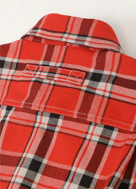 Close-up of back locker loop of watermelon red free men's swingin' flannel plaid shirt