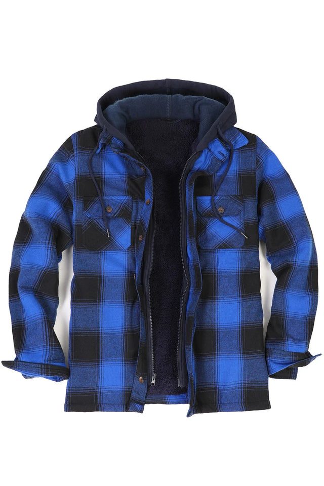 Front view of midnight blue men's sherpa lined zipper plaid flannel shacket 