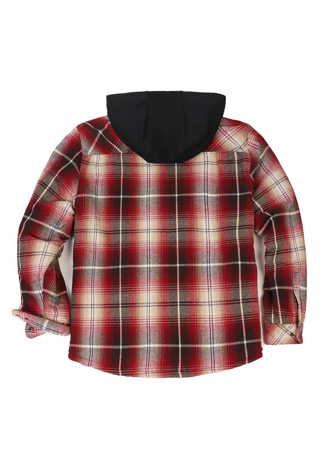 Back view of kids red snap button hooded flannel shirt jacket