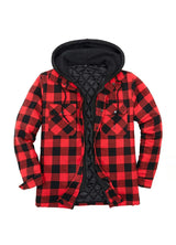 Front view of red buffalo plaid men's warm thicken plaid hooded flannel shirt jacket