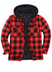 Front view of red buffalo plaid men's warm thicken plaid hooded flannel shirt jacket