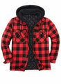 Front view of red buffalo plaid men's warm thicken plaid hooded flannel shirt jacket