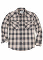 Front view of sandy azure men's plaid long sleeve western shirt