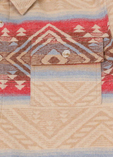 Close-up of pocket with button on khaki men's aztec shirt jacket