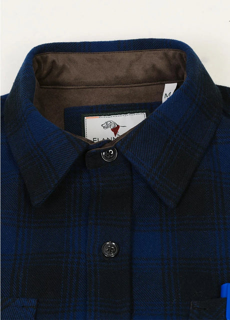 Close-up of the lapel of sapphire shadow men's rugged ridge suede flannel shirt 